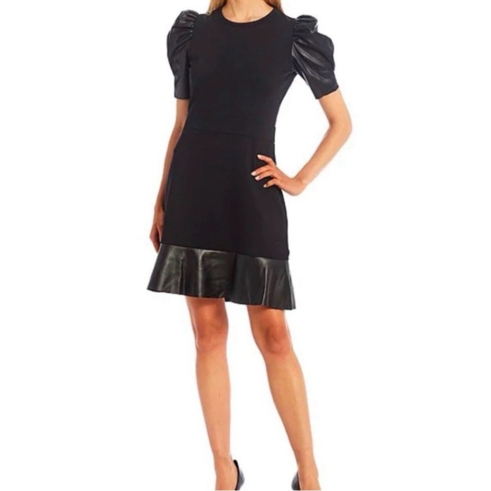 Michael Kors Black Puff Sleeve Mini Dress with Faux-Leather Trim